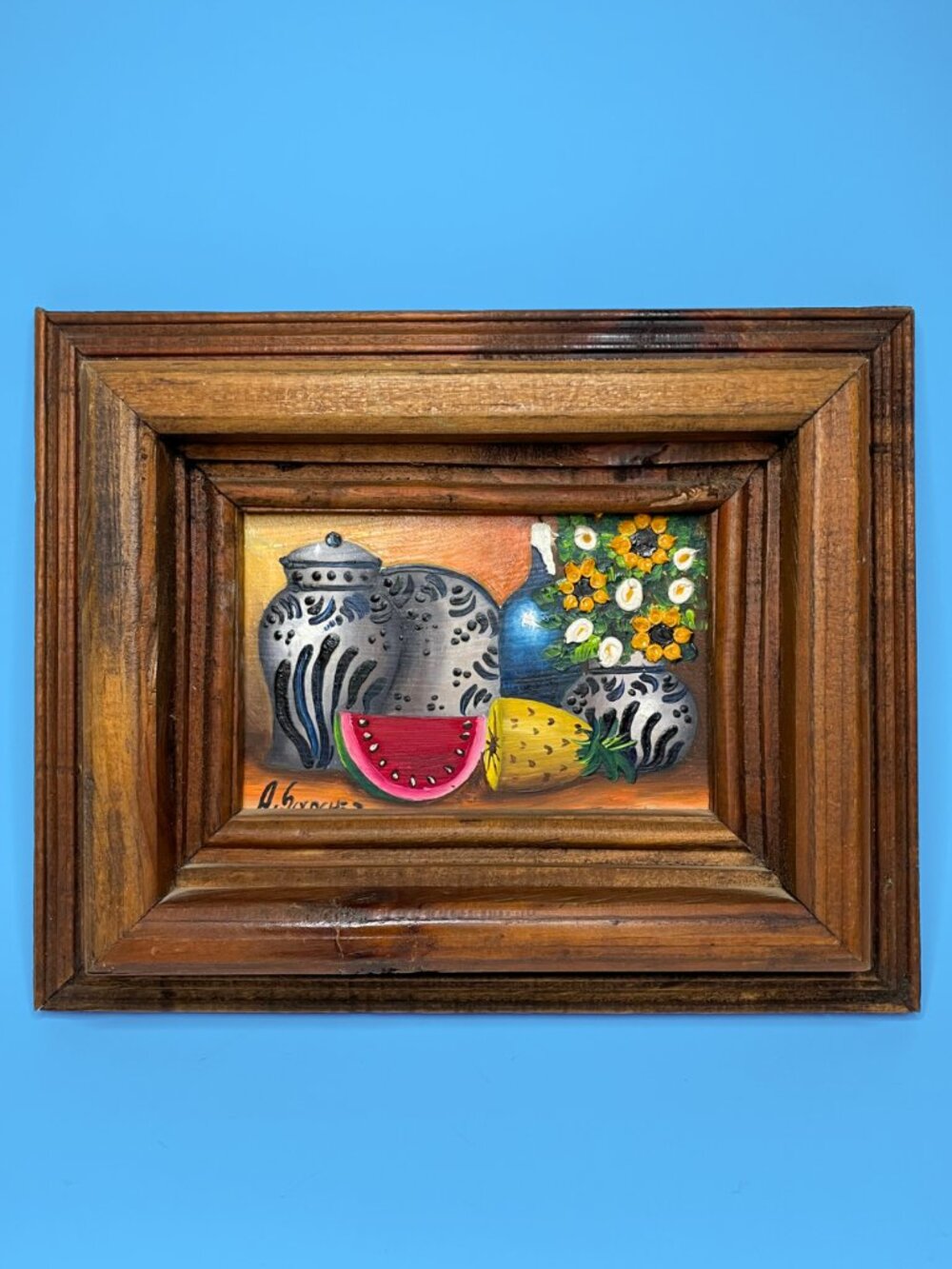 Vintage Framed Still Life Oil Painting - Mexican Talavera Pottery & Fruit Board